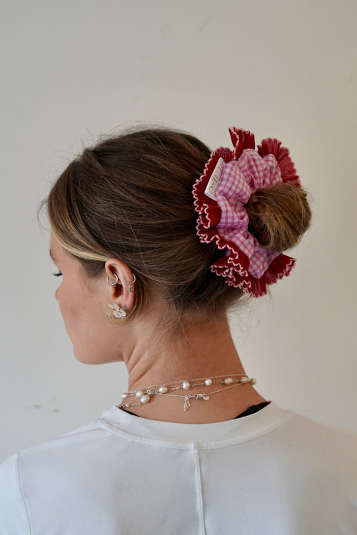 Cherry Kisses pink gingham scrunchie with red trim