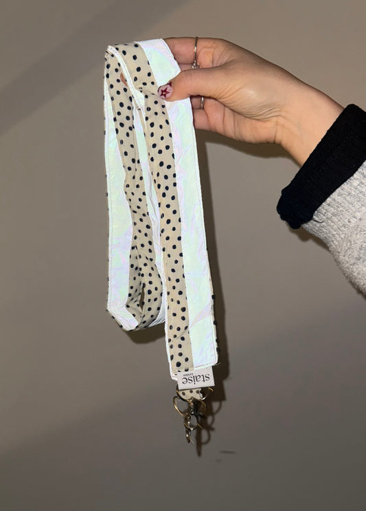 Reflective cross body key/ phone strap (cream polka)
