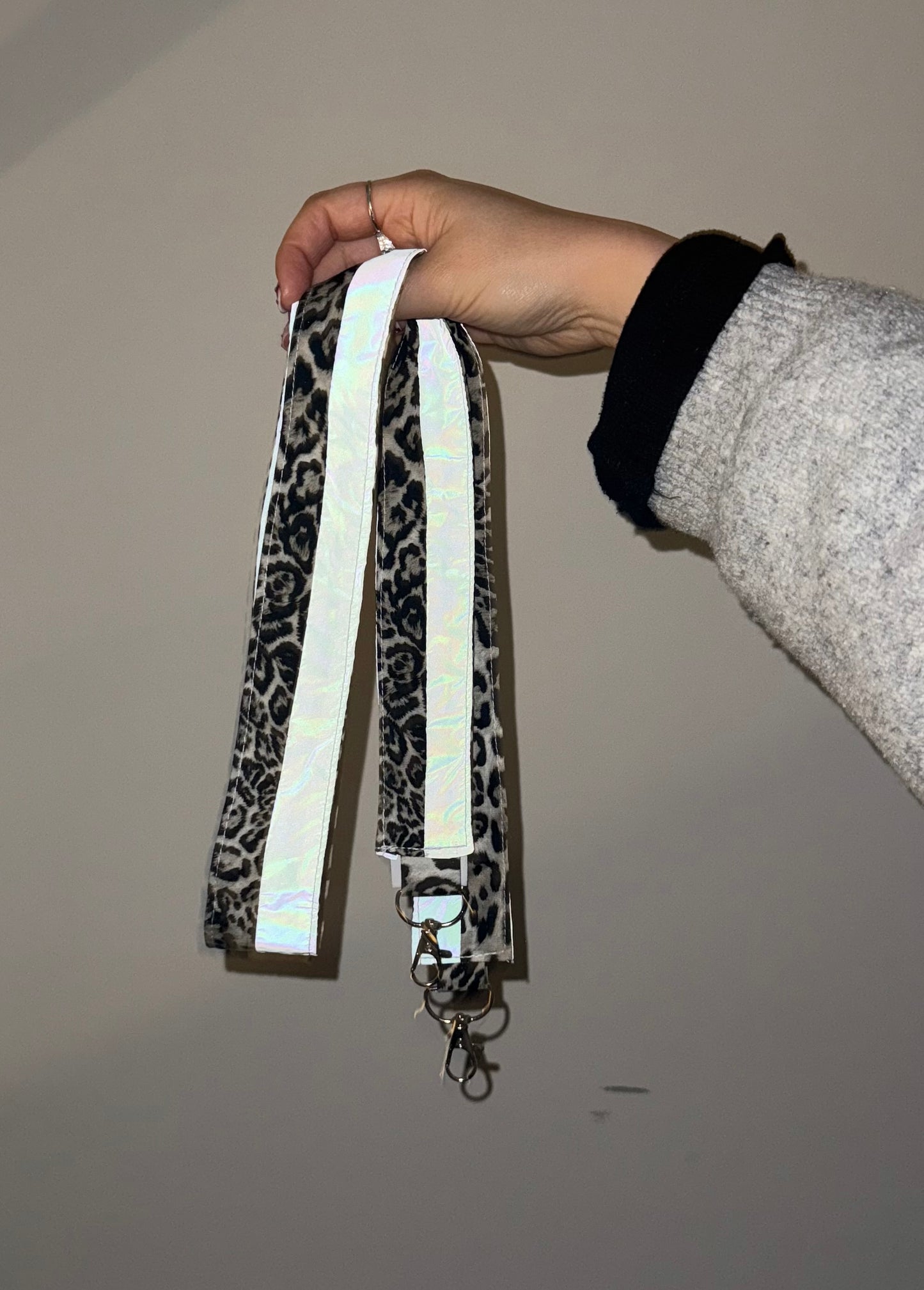 Reflective cross body key/ phone strap (leopard)