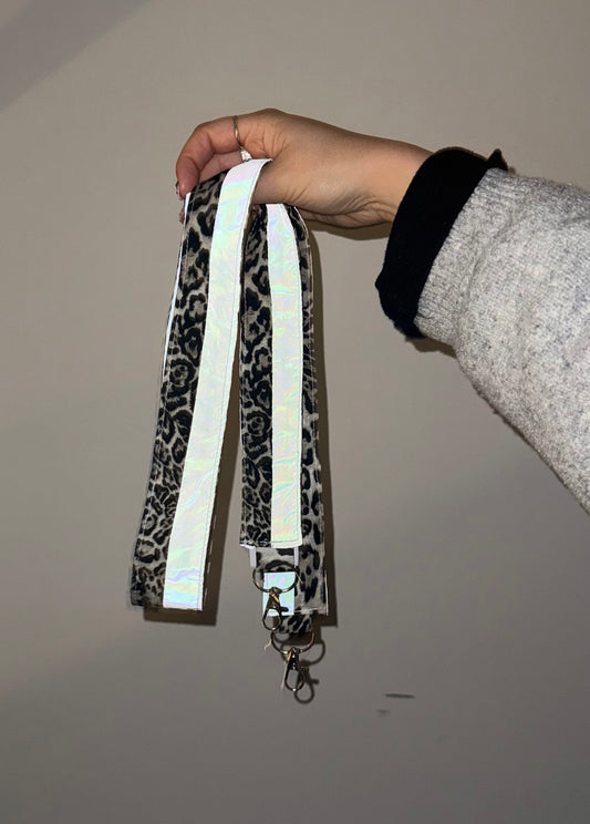 Reflective cross body key/ phone strap (leopard)