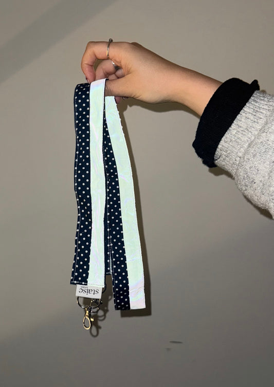 Reflective cross body key/ phone strap (navy polka)