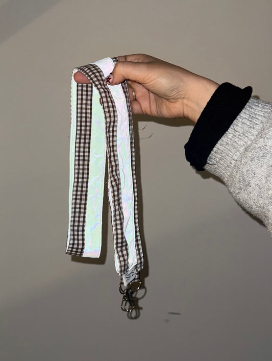 Reflective cross body key/ phone strap (brown gingham)