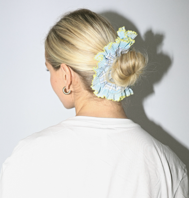 Brighton Blue tartan linen scrunchie with yellow trim